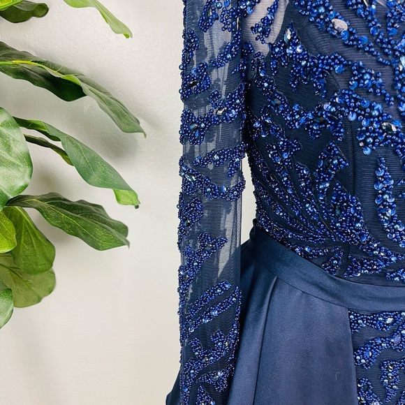 Modessa Couture Blue Embellished Peplum Long Sleeve Prom Homecoming Event Dress - Picture 2 of 16
